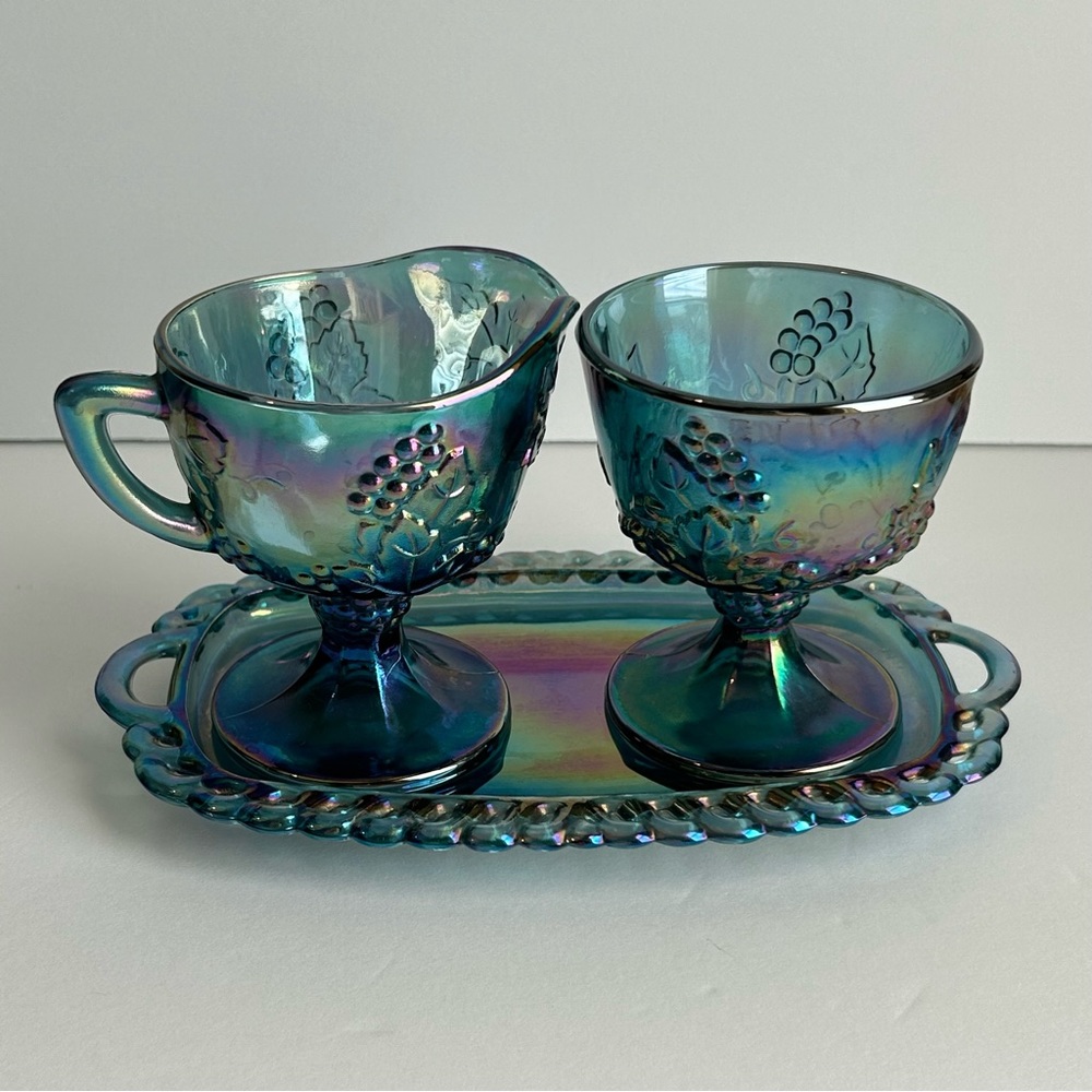 Vintage Indiana Blue Carnival Glass Harvest Grape Cream & Sugar w/ Tray